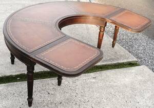 ビンテージ 1960年代 輸入家具 コーヒーテーブル 木製ローテーブル レザートップ 半円型 6脚 幅124cm 奥行き89cm 高さ41cm OYT