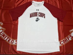 中古美品　made in USA USMC/UNDER AMOUR 速乾Tシャツ XL WHITE&RED