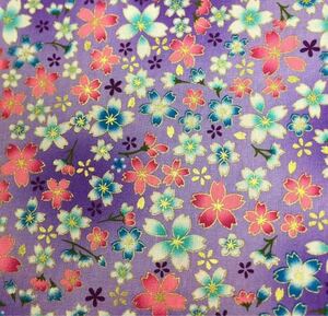 生地 ハギレ 布 和柄 小桜 花柄 50cm 金糸プリント うす紫色