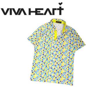 着用少 極美品 最高級 VIVA HEART 吸水速乾 ストレッチ 通気性抜群 ロゴ 総柄 半袖ポロシャツ メンズ48 ビバハート ゴルフウェア 白 220742