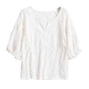 レースシャツ ブラウス 花刺繍きれいめ レディース 白シャツ vネックトップス 五分袖 ゆったり オシャレ 2XLサイズ ホワイト