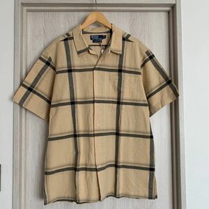 (k) 90's 90年代 POLO RalphLauren ラルフローレン CLAYTON コットン＆リネン メンズ LL ベージュ チェック柄 半袖シャツ 