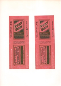  old cigarettes smoke . label package RUBY QUEEN W.D.&H.O.WILLS 2 sheets cardboard . sticking 