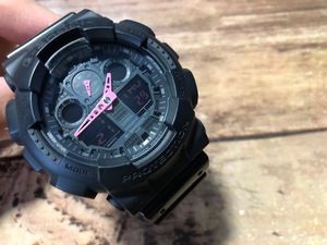 CK078 良~美品 アナデジ CASIO カシオ G-SHOCK ジーショック GA-100C 5081 ブラック×ピンク針 BLオレンジ メンズ 腕時計