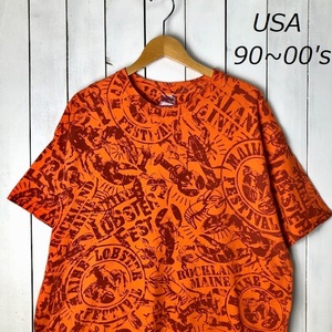 T●286 USA古着 90s～00s ロブスター総柄 染み込みプリントTシャツ XL オレンジ オールド ヴィンテージ アメリカ古着 全面プリント GILDAN