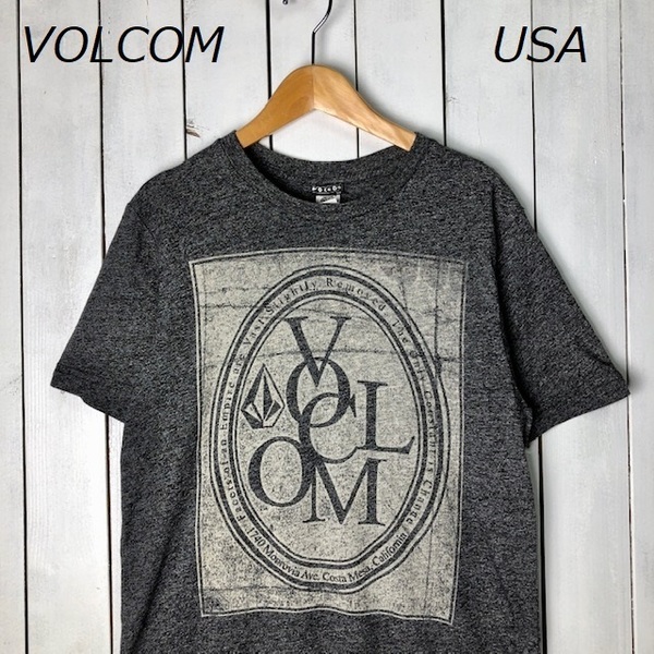 T●287 USA古着 90s～00s VOLCOM ヴィンテージ染み込みプリントTシャツ S ヘザーグレー オールド ビッグロゴ ヴォルコム スケート