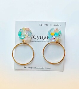 ハンドメイド ピアス 2way シェルレジン ゴールド フープ イヤリング