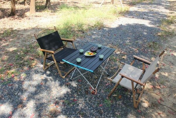 フォールディングチェアMサイズ　アウトドアチェア 　アルミ合金 軽量キャンプ椅子　アームレスト天然木　収納袋付き　ブラック