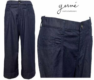 GERVE ジェルベ　楽々ストレッチ　ダンガリー デニム キュロット 7分丈 ワイドパンツ　ネイビー　size42　11号　L