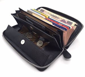 長財布 本革 ボックス型 メンズ レディース 大容量 黒 ブラック ラウンドファスナー 牛革 カードケース コインケース