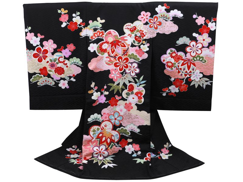 ■Pañales para niñas■ Para visitas al santuario, Yuzen pintado a mano para niñas, bordado de pieza de oro, kimono de pura seda, conjunto de ropa interior larga un-134 (negro) [Kimono, pañales para niños, ropa de celebración, primera llegada], niños, moda bebe, ropa de bebé, otros