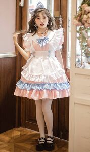 ◆新品◆メイド服 ロリータ ドレス プリンセス お嬢様 半袖 ワンピース コスプレ コスチューム 6点セット♪サイズS～XXL ピンク ブルー