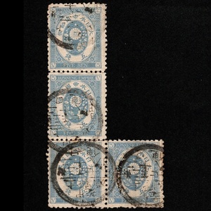 郵便切手 大日本帝国 「U小判切手(新小判切手)」 5銭×4枚 1883年1月1日 普通切手 使用済 ブロック 目打：12 Stamps UPU Koban New Koban