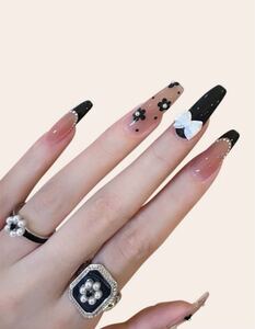ネイルチップ リボン 黒 ピンク