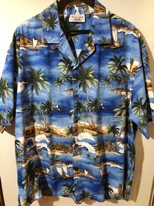 672★USA古着 アロハシャツ MADE IN HAWAII ヤシの木 ヨット 島 像 波 モチーフ コットン 青 PACIFIC LEGEND 2XL