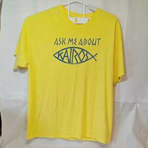 zcl-04♪アメリカ古着 Hanes ASK ME ABOUT KAIROS PRISON MINISTRY(カイロス刑務所について聞きたい) Tシャツ USサイズ－XL イエロー難有り