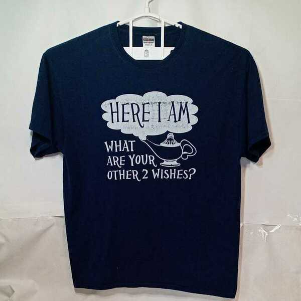 zcl-03t♪アメリカ古着HERE I AM WHAT ARE YOUR OTHER 2 WISHES Tシャツ USサイズ－XL ネイビー