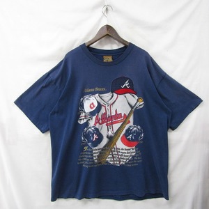 USA製 80s 90s ビッグサイズ XL NUTMEG MLB プリント Tシャツ 半袖 シングル ワッペン ブレーブス 野球 ネイビー 古着 ビンテージ 2JU0711