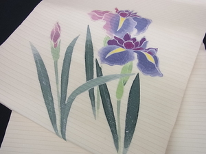 花美人着物■夏物 絽塩瀬 九寸名古屋帯 杜若 手描き 銀彩 逸品 未使用 ps1290