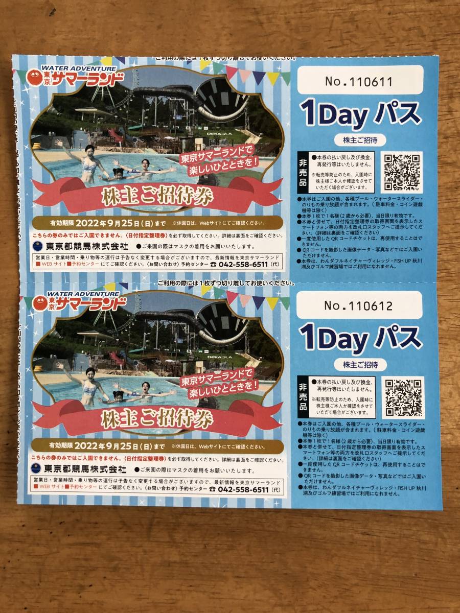 最高 即日発送 複数可能 4枚 東京サマーランド株主優待券 1DAYパス