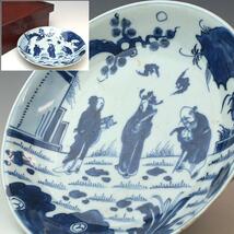 【趣楽】 中国古玩　明時代末期頃　古染付文人図飾り皿　直径１９，８ｃｍ　Ｄ１７２１_画像1