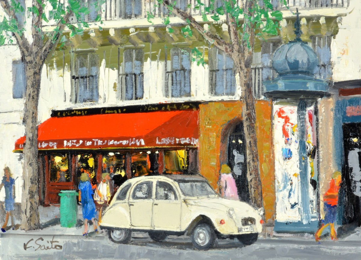 Peinture à l'huile, Peinture de style occidental, tableau peint à la main (livraison possible avec cadre peinture à l'huile) NO.10 format F20 Ville de Paris (2) (Café au toit rouge et voiture blanche) par Saito Kaname, Peinture, Peinture à l'huile, Nature, Peinture de paysage