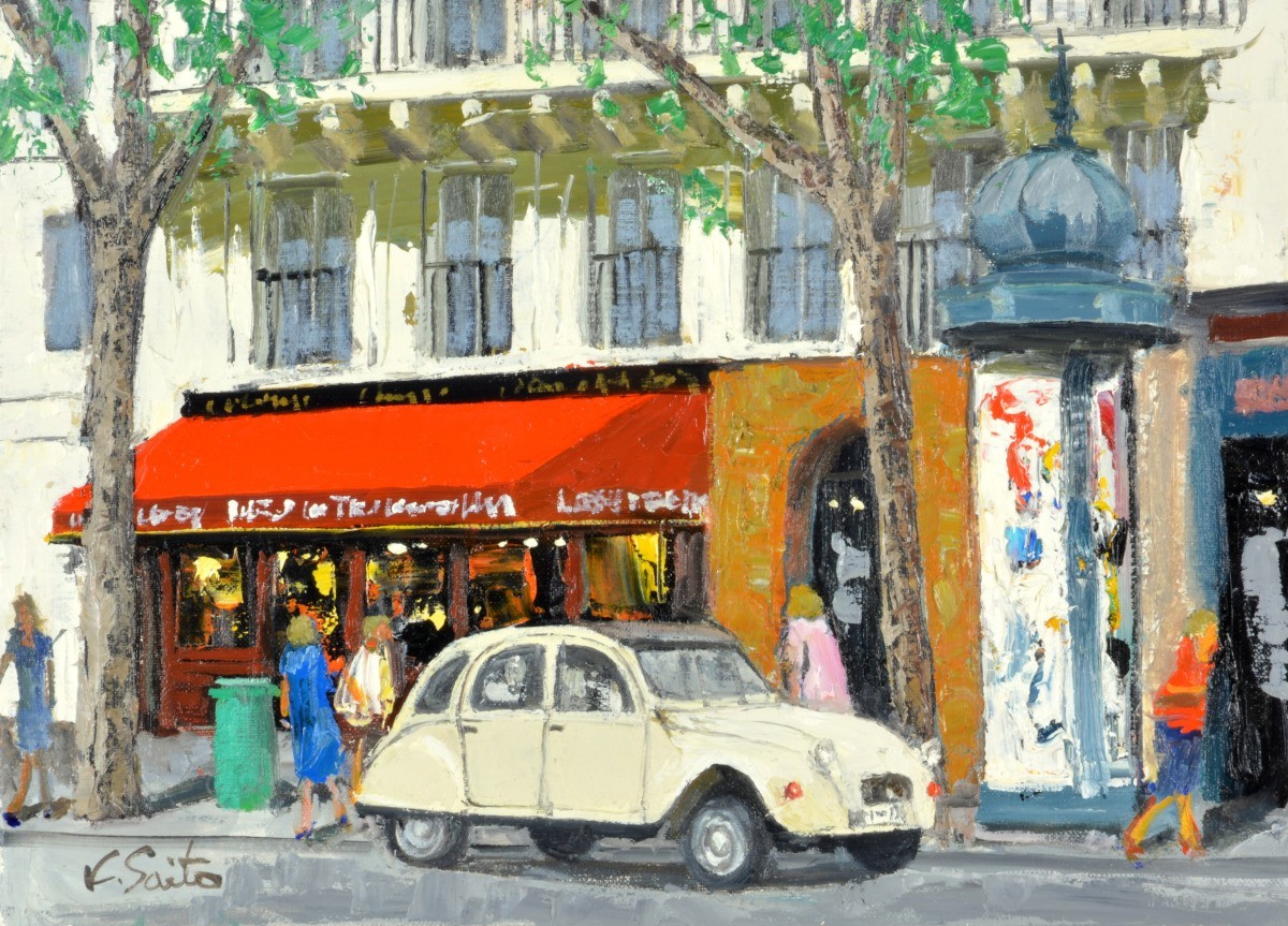 油画, 西画, 手绘画(可送油画框) NO.10 SM尺寸 巴黎的街道(2)(红屋顶咖啡馆和白车) 齐藤要, 绘画, 油画, 自然, 山水画