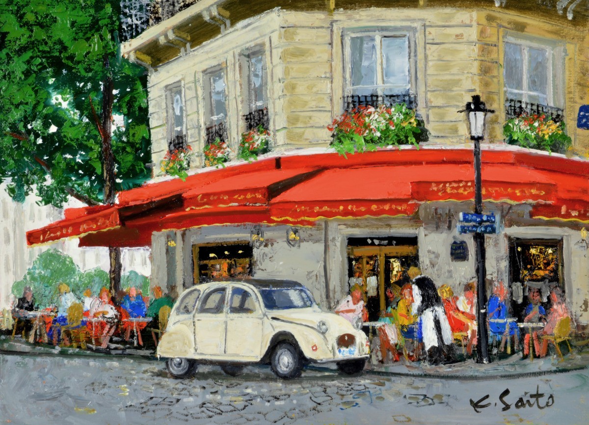Oil painting, Western-style painting, hand-painted painting (delivery available with oil painting frame) NO.9 SM size Paris Cafe (White Car) Kaname Saito, Painting, Oil painting, Nature, Landscape painting