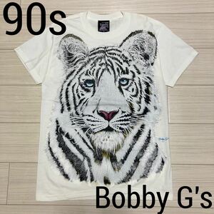 90s USA製◆BOBBY G'S◆アニマル ホワイトタイガー Tシャツ M 白 ホワイト ビッグプリント Snow Tiger 半袖 MADE IN USA MADE IN MARCOS CA