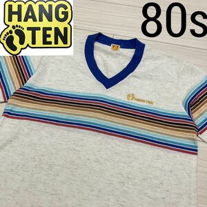 80s◆HANG TEN ハンテン◆麻混 レインボーボーダー Vネック Tシャツ M 白系 9色ボーダー 五分袖 ヴィンテージ オールド 極美品 HANGTEN