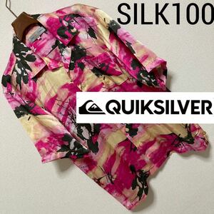 良品◆クイックシルバー◆シルク100 オープンカラー 花柄フラワー アロハシャツ S ピンク イエロー チャコール QUIKSILVER EDITION