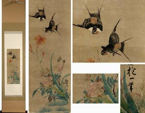 Art hand Auction 《源》【即決･送料無料】《江戸期》古画 伝･酒井抱一 筆｢花･燕図｣/箱付, 絵画, 日本画, 人物, 菩薩