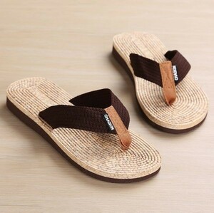 [ tea 25-24.5cm][ flax manner sandals ] men's beach sandals sandals tongs sandals outdoor camp light weight sea summer Brown 