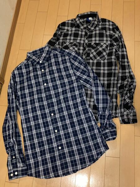 2枚セット H&M 長袖シャツ チェック柄 ネルシャツ ネイビー　紺色　S + ブラック　黒色　XS