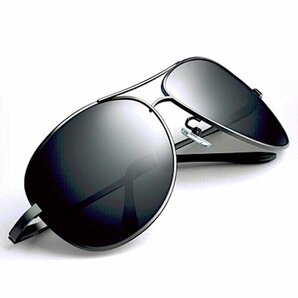 【メガネケース&クロス付】偏光レンズ UVカット ティアドロップ ファッションサングラス メンズ黒 軽量 メタルフレーム ブラック 送料無料の画像1