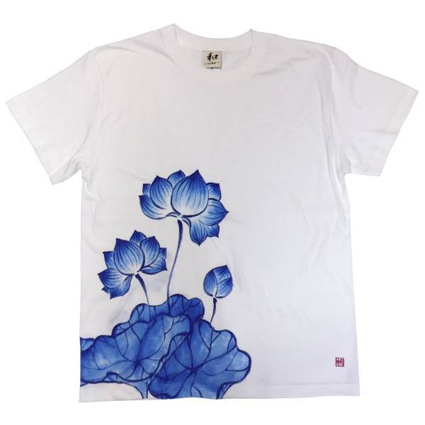 Men's T-shirt, size XL, white, lotus pattern T-shirt, white, handmade, hand-painted T-shirt, XL size and above, Crew neck, Patterned