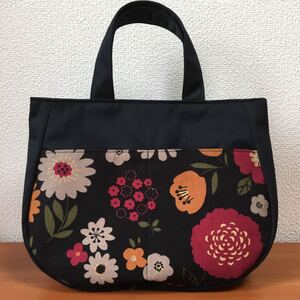 花柄 黒 ころりんミニトートバッグ ラウンドバッグ ハンドメイドバッグ トートバッグ