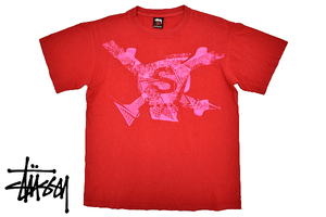 Y-4089★送料無料★美品★STUSSY ステューシー★メキシコ製 正規品 レッド赤色 スカル ドクロ プリント 半袖 T-シャツ Ｍ