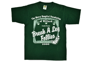 Y-4112★送料無料★美品★Break A Leg Follies 2000年 ミュージカル 舞台★グリーン緑色 ビッグプリント 半袖 T-シャツ 14/16 160cm