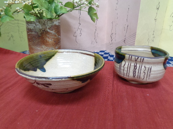 骨董 織部焼 茶道具 平茶碗/小鉢 刻印有 2種 陶器 中古品