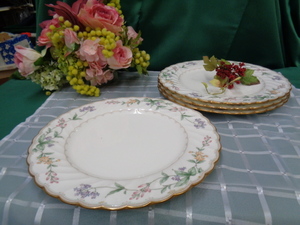 ナルミボーンチャイナ　料理皿　金縁花柄レース　4客　洋食器　中古美品