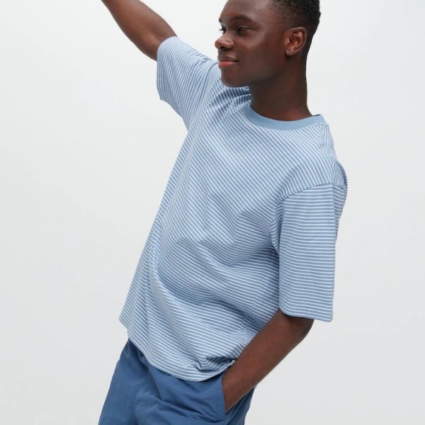 L uniqlo ユニクロ オーバーサイズボーダーTシャツ(5分袖) Tシャツ TEE T-shirt T-shirts シャツ border ボーダー BLUE 水色 青 ブルー