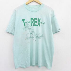 XL/古着 半袖 ビンテージ Tシャツ メンズ 90s 恐竜 クルーネック 薄緑系 グリーン 22jul20 中古