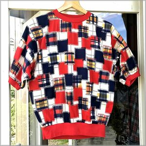 ★60s 70s　ビンテージ　半袖　プルオーバー　パッチワーク柄　アメリカ買付★検 シャツ スウェット トレーナー Tシャツ 古着