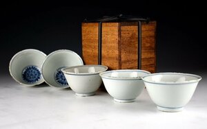 【蔵c6133】中国古美術　古染付煎茶碗　明時代　古箱付き　大ぶり