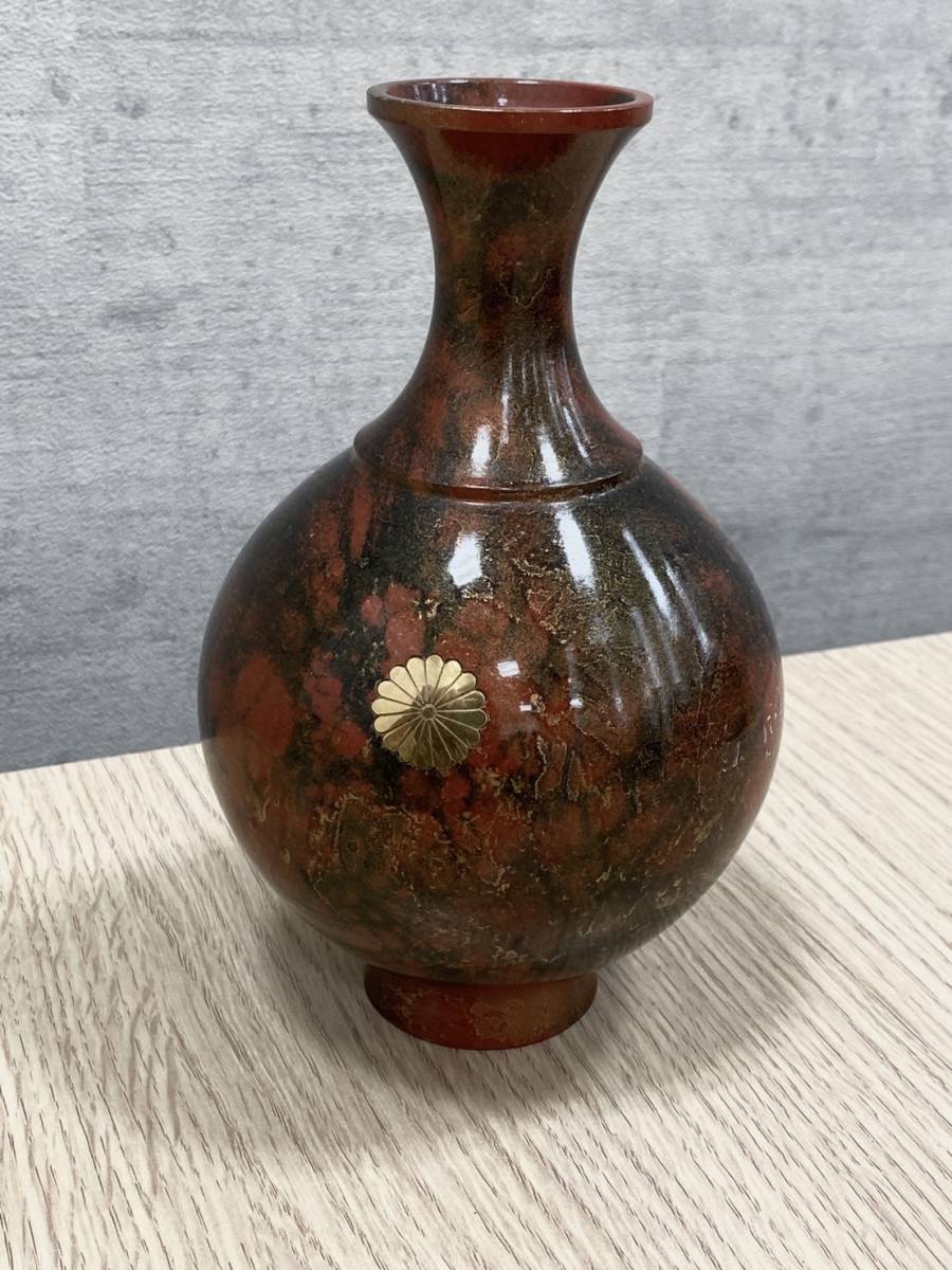 レッド系 鋳銅 金属製の花瓶、壺、鋳造品 皇室御用達 金メッキ菊紋 