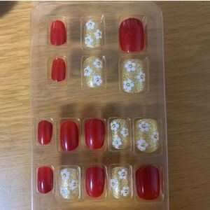 ネイルチップ ネイルチップ レッド ゴールド フラワー ミディアム ハンドメイド