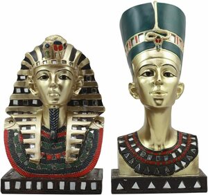 古代エジプトのファラオの黄金のマスクを被ったツタンカーメンと女王ネフェルティティの像（輸入品