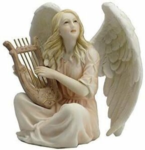 座って、竪琴（リラ）を弾いている天使 高さ 約12ｃｍ 置物装飾 彫像 彫/ 書斎 祭壇 リビング(輸入品)