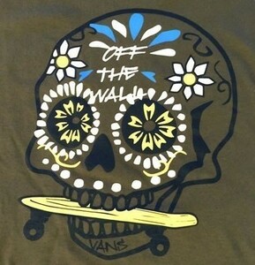 2016インパクト タワレコ×VANS『MEX SKULL』Tシャツ 丸首 半袖 OLIVE 前後プリント 左袖パッチ XL・身幅約55.2cm※未試着/未使用/タグ付き